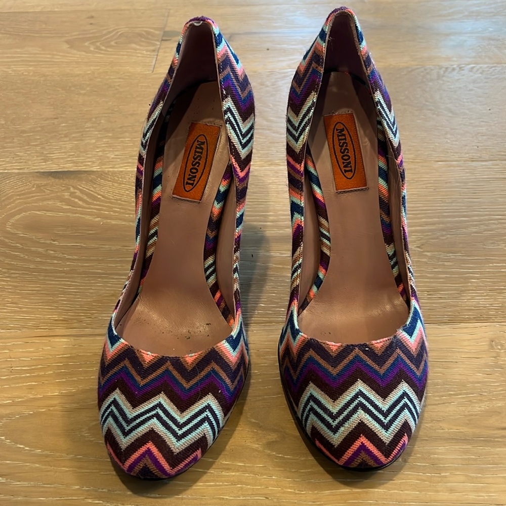 Missoni Womens Leather Chevron Print Round Toe Heels Multicolor Size EU 40